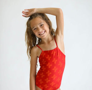 Girl's Strappy One Piece in Red Breadfruit Bandana