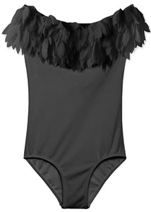 Black Draped Swimsuit with Black Petals