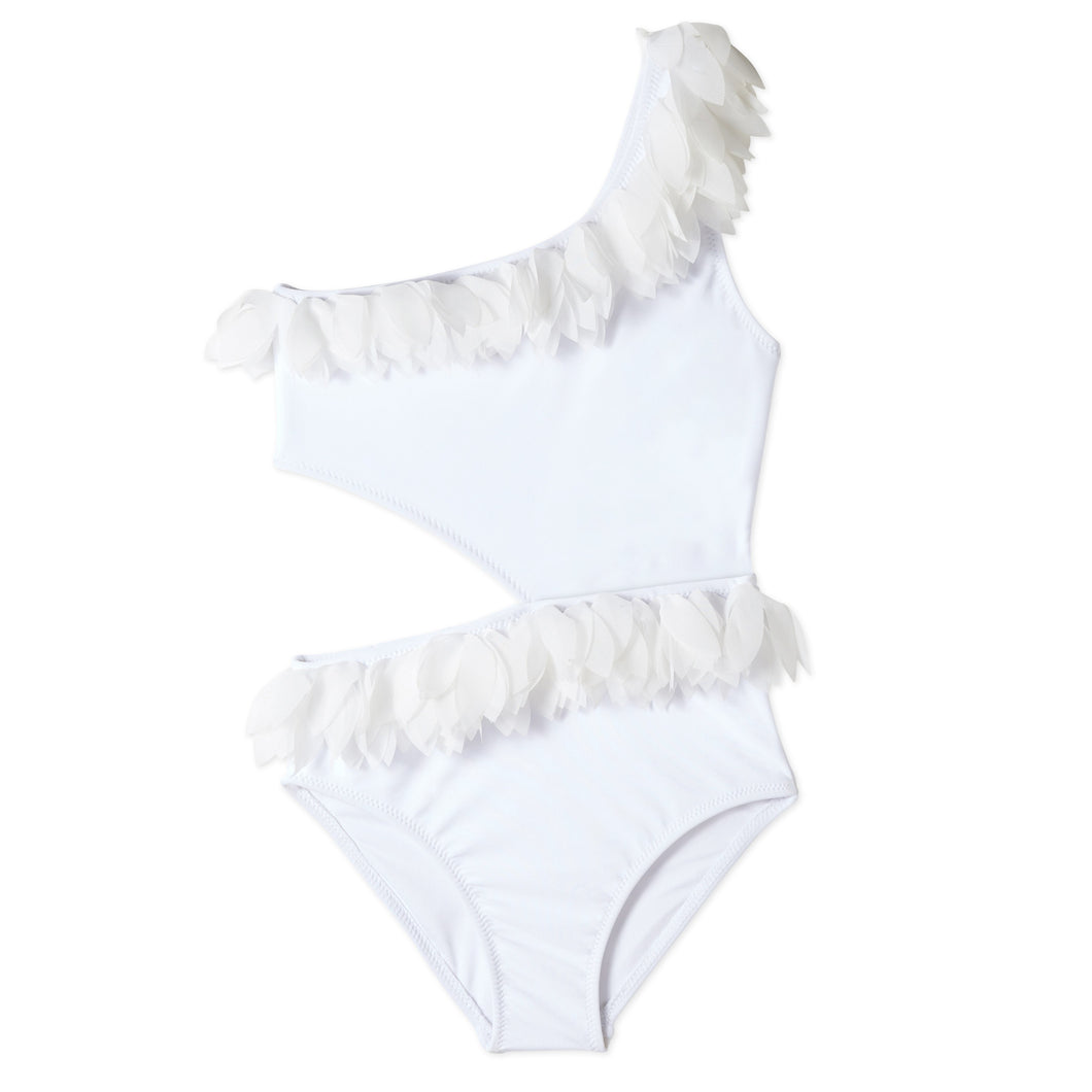 White Side Cut Out Swimsuit with White Petals