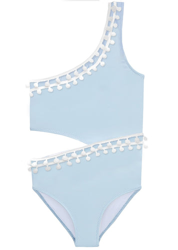 Blue Side Cut Swimsuit with White Pom Poms