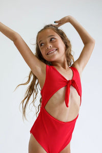 Girl's Cutout One Piece in Red Ribbed