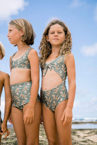 Girl's Cutout One Piece in Torch Ginger Green Seagrass