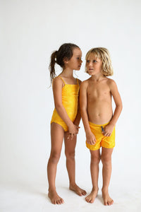 Toddler Soft Shorts for Swim in Yellow Ohia Lehua Print